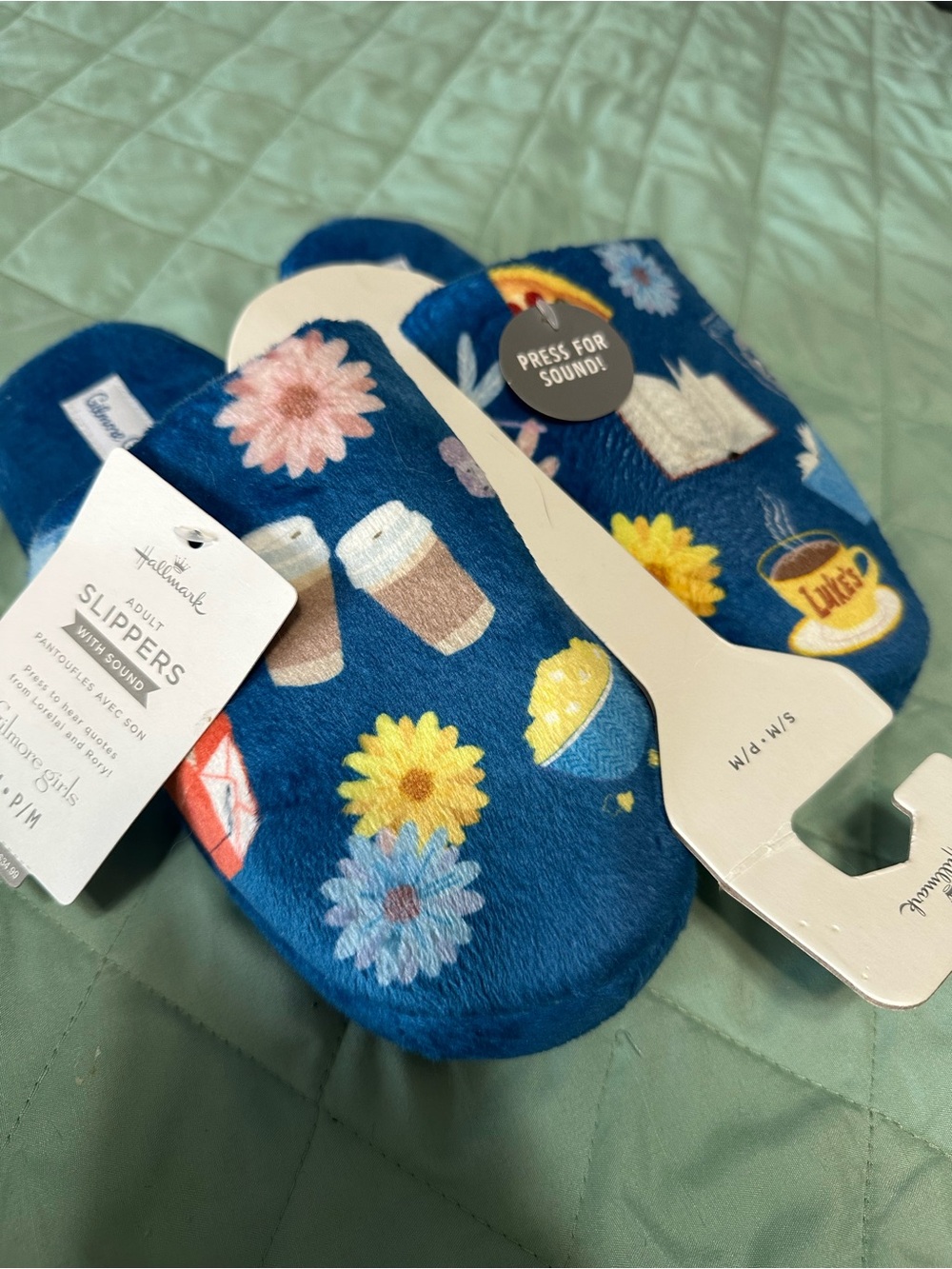 NWT! Hallmark Gilmore Girls Blue Floral & Coffee Print Plush Slippers